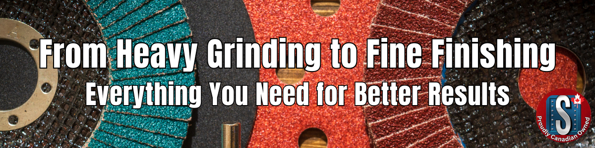 Professional abrasives category banner from Skookum Tools, a Canadian industrial supplier, featuring close-up flap discs, fibre discs, grinding discs, and abrasive wheels in multiple grits and colors for grinding, sanding, surface preparation, and fine finishing applications.